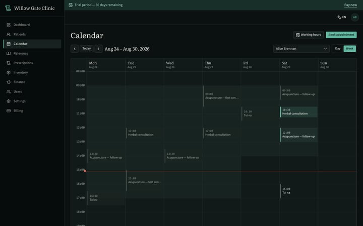 The week's calendar, with each practitioner's own hours
