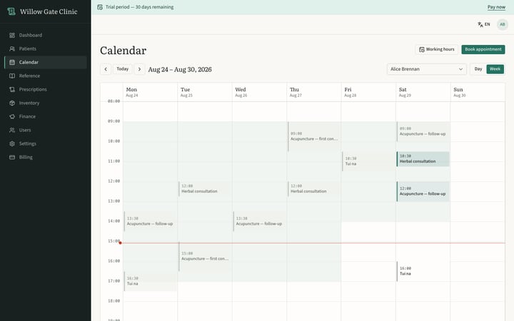 The week's calendar, with each practitioner's own hours