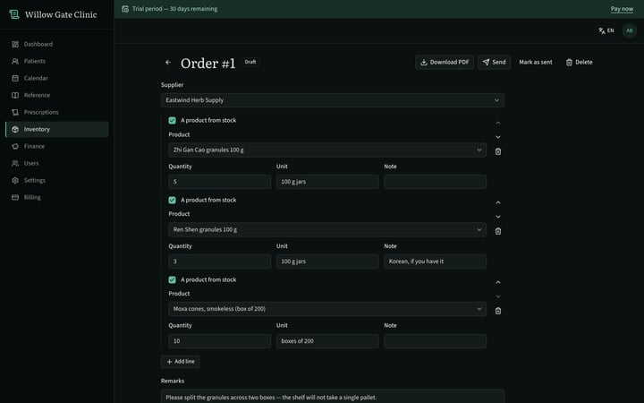 A supplier order, ready to send