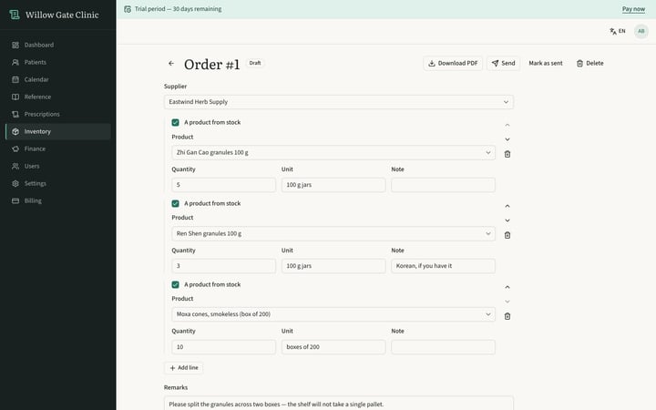 A supplier order, ready to send