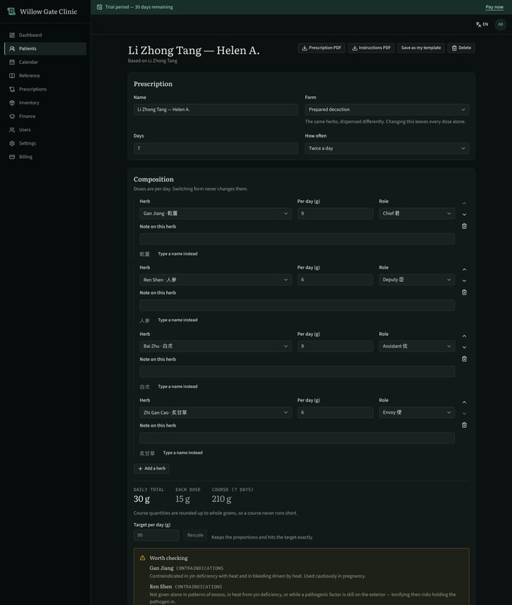 The prescription builder, with per-intake and course figures