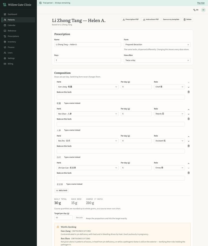 The prescription builder, with per-intake and course figures